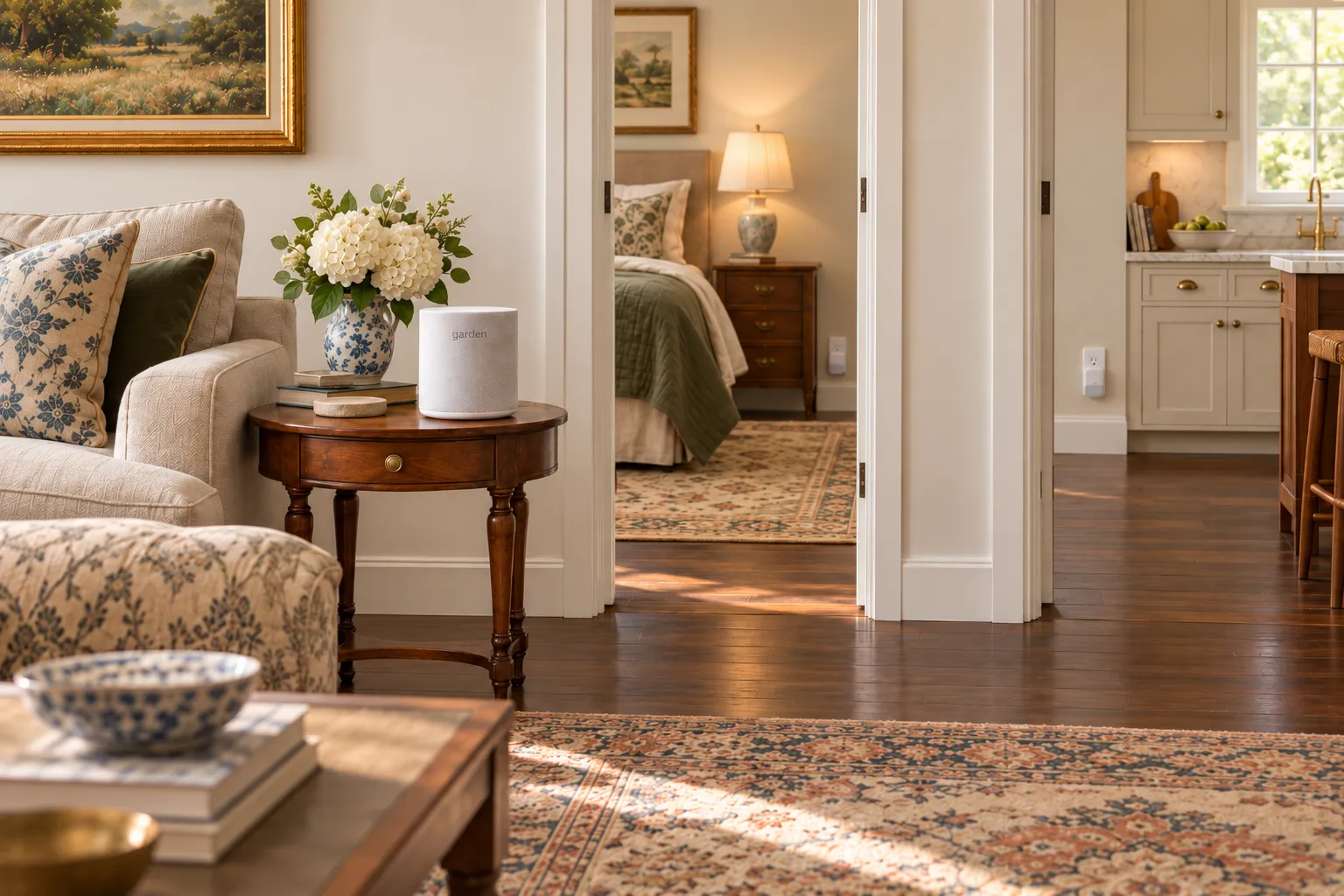 A living room with the Garden hub on a side table beside the sofa, one Garden sensor in a bedroom outlet through the doorway, and another in the kitchen beyond.
