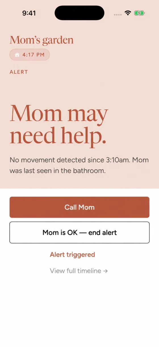 Garden iOS alert screen showing that Mom may need help, with an action to call her.