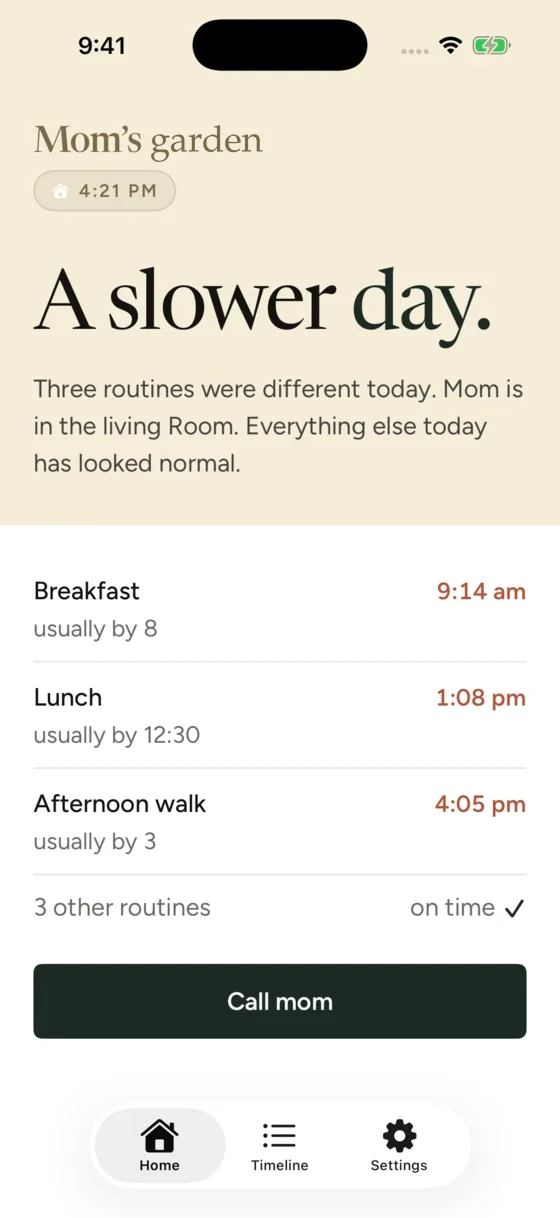 Garden iOS deviation screen showing a slower day for Mom, with three routines later than usual.